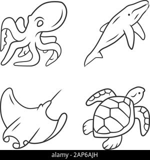 Unterwasserwelt lineare Symbole gesetzt. Schwimmen Kraken, Kalmare, Schildkröte. Ozean Tiere. Marine Fauna. Aquatischen Lebewesen. Thin Line Kontur Symbole. Isolieren Stock Vektor