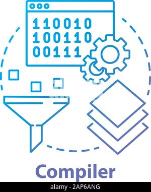 Compiler Konzept Symbol. Software Entwicklung. Maschinensprache. Programmierung. Filtern von Daten. Computer code Übersetzung Idee dünne Linie Abbildung. Vec Stock Vektor
