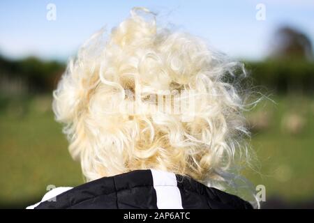 Nahaufnahme von hinten auf dem isolierten Kopf der Frau mit hellweißen blonden lockigen Haaren. Verschwommener ländlicher Landschaftshintergrund. Stockfoto