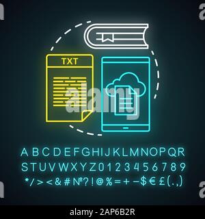 Text Neon Licht Konzept Symbol. Verschiedene Arten von Textinformationen Idee. Bücher, Nachrichten, Werbung. Leuchtende Zeichen mit Buchstaben, Zahlen und Symbole Stock Vektor