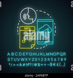 Audio Neon Licht Konzept Symbol. Hören & hören Informationen Idee. Musiktitel, Hörbücher, rede. Stereo Records. Leuchtende Zeichen mit Alphabet, Zahlen ein Stock Vektor