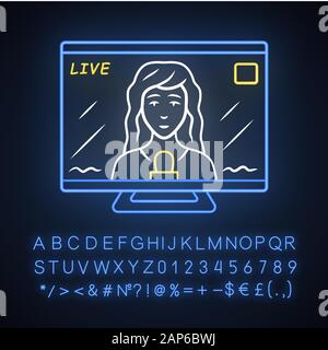 Reporter Frau auf TV Neonlicht Symbol. Journalistin Reporting breaking news Leben. Nachrichtensendung. Newswoman auf TV-Bildschirm. Leuchtende Zeichen mit Alphabet, nu Stock Vektor