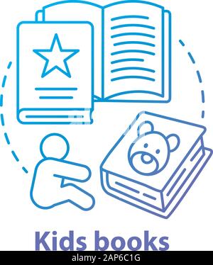 Kinder Bücher blau Konzept Symbol. Kinder Literatur Idee dünne Linie Abbildung. Märchen, Bilderbücher, Kind Gedichte. Bildung Vorschule exercis Stock Vektor