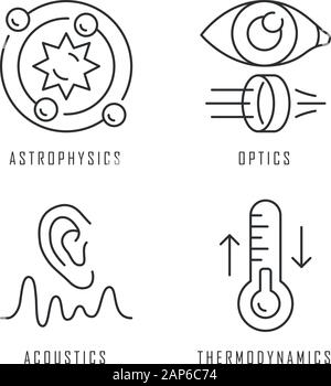 Physik Zweige lineare Symbole gesetzt. Astrophysik, Optik, Akustik und Wärmelehre. Physikalische Phänomene. Thin Line Kontur Symbole. Isolierte vecto Stock Vektor