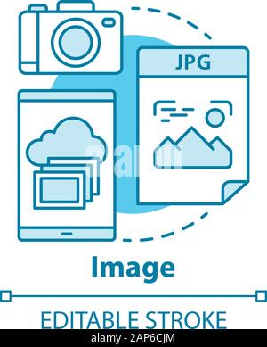 Bild Konzept Symbol. Visuelle Informationen Idee dünne Linie Abbildung. Bilder und Fotos. Dateien speichern. Alben, Fotobücher und Collagen. Fotografieren Stock Vektor