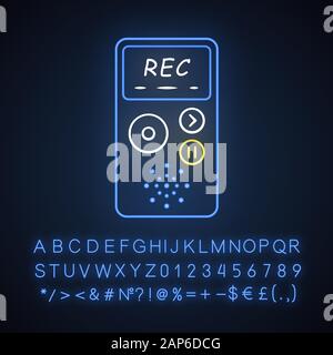 Diktiergerät Neonlicht Symbol. Portable Audio Recorder. Gerät für die Aufzeichnung von Interviews. Audio aufzeichnen von Sprache, Musik. Leuchtende Zeichen mit Alphabet, Anzahl Stock Vektor