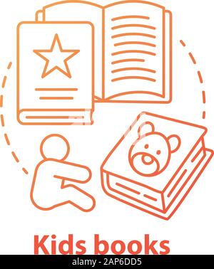 Kinder Bücher rote Konzept Symbol. Kinder Literatur Idee dünne Linie Abbildung. Märchen, Bilderbücher, Kind Gedichte. Bildung Vorschule Übung Stock Vektor