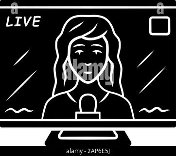 Reporter Frau auf TV glyph Icon. Journalistin Reporting breaking news Leben. Nachrichtensendung. Newswoman auf TV-Bildschirm. Silhouette Symbol. Negativer Platz. Stock Vektor