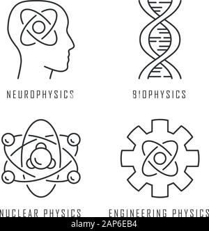 Physik Zweige lineare Symbole gesetzt. Neurophysik, Biophysik, Engineering- und Kernphysik. Menschliche Gehirn. Thin Line Kontur Symbole. Isolierte Vektor Stock Vektor