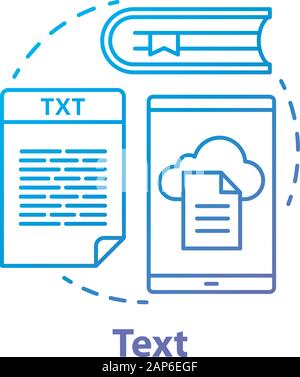 Text blau Konzept Symbol. Verschiedene Arten von Textinformationen Idee dünne Linie Abbildung. Bücher, Nachrichten, Werbung. Dokumente und Dateien, Artikel Stock Vektor
