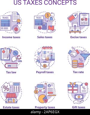 Uns steuern Konzept Symbole gesetzt. Prozentsatz der Besteuerung Idee dünne Linie Illustrationen. Einkommen, Verkaufssteuern, Verbrauchssteuern, Erbschaftssteuer. Finanzielle Belastung mit sich. Vektor isol Stock Vektor