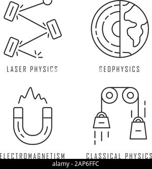 Physik Zweige lineare Symbole gesetzt. Laser und der klassischen Physik, Elektromagnetismus und Geophysik. Physikalische Prozesse. Thin Line Kontur Symbole. Isolat Stock Vektor