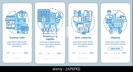 Dropshipping blau Onboarding mobile App Seite Bildschirm mit linearen Konzepten. Kundenauftrag, drop Schiffshändler walkthrough Schritte grafische Anweisungen. U Stock Vektor