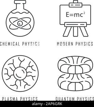 Physik Zweige lineare Symbole gesetzt. Chemie-, moderne-, Plasma- und Quantenphysik. Quantenmechanik. Thin Line Kontur Symbole. Isolierte vektor Kontur Stock Vektor