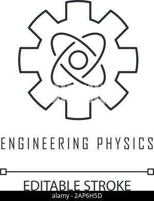 Engineering Physics lineare Symbol. Zahnrad und Atom Struktur Modell. Maschinenbau. Nano Technologien. Dünne Linie Abbildung. Kontur Symbol. Stock Vektor