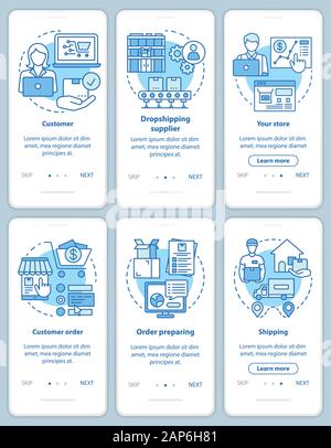 Dropshipping blau Onboarding mobile App Seite Bildschirm mit set lineare Konzepte. Bestellung vorbereiten, Lieferung Versand walkthrough Schritte Grafik Anweisung Stock Vektor