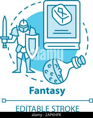 Fantasy Literatur konzept Symbol. Fantastische Fiktion Idee dünne Linie Abbildung. Imaginäre Welten Romane. Zauber der Antike Geschichten. Vektor isoliert Stock Vektor