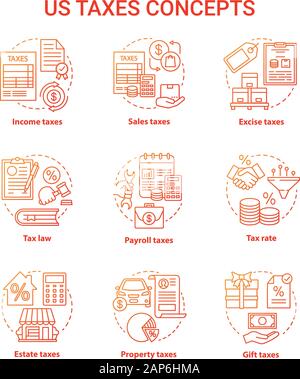 Uns steuern rot Konzept Symbole gesetzt. Prozentsatz der Besteuerung Idee dünne Linie Illustrationen. Einkommen, Verkaufssteuern, Verbrauchssteuern, Eigenschaft, die Lohn- und Gehaltsabrechnung, Erbschaftssteuer. Finanzierung Stock Vektor