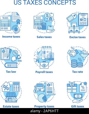 Uns steuern blau Konzept Symbole gesetzt. Prozentsatz der Besteuerung Idee dünne Linie Illustrationen. Eigentum, Verkaufssteuern, Verbrauchssteuern, Erbschaftssteuer. Finanzielle Belastung mit sich. Vect Stock Vektor
