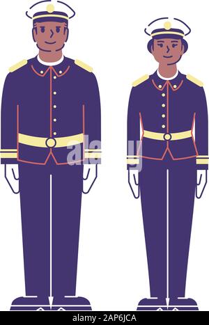 Armee Dienst flachbild Vektor Zeichen. US-Soldaten auf Aufmerksamkeit in festlicher uniform Cartoon Illustration stehend mit skizzieren. African American Stock Vektor