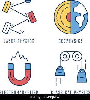 Physik Zweige Farbe Symbole gesetzt. Laser und der klassischen Physik, Elektromagnetismus und Geophysik. Physikalische Prozesse und Phänomene. Wissenschaftliche experim Stock Vektor