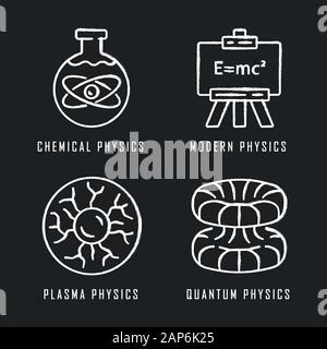 Physik Zweige chalk Symbole gesetzt. Chemie-, moderne-, Plasma- und Quantenphysik. Quantenmechanik, physikalisch-chemischen Phänomene lernen Disziplinen. Iso Stock Vektor