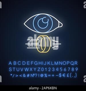 Optik Neonlicht Symbol. Optometrie und Ophthalmologie wissenschaftlicher Forschung. Lichtstrahlen, die Reflexion und Brechung. Leuchtende Zeichen mit Alphabet, Zahlen und Stock Vektor
