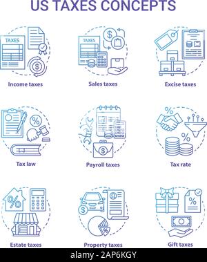 Uns steuern blau Konzept Symbole gesetzt. Prozentsatz der Besteuerung Idee dünne Linie Illustrationen. Einkommen, Umsatz, Recht, Eigentum, Lohn- und Gehaltsabrechnung, Schenkungssteuer. Finanzielle Stock Vektor