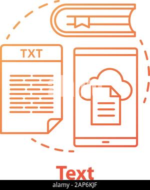 Text rot Konzept Symbol. Verschiedene Arten von Textinformationen Idee dünne Linie Abbildung. Bücher, Nachrichten, Werbung. Dokumente und Dateien, Artikel. Stock Vektor