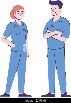 Männliche und weibliche Krankenschwestern flachbild Vektor Zeichen. Medizinische Betreuer Cartoon Illustration mit skizzieren. Professionelle Pflegekräfte. Ärzte, Therapeuten, Heilpraktiker, gen Stock Vektor