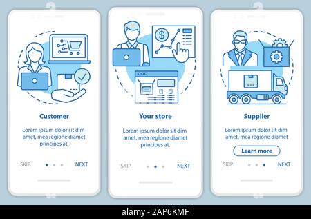 Dropshipping Prozess blau Onboarding mobile App Seite Bildschirm mit linearen Konzepten. Kunden, ihr Geschäft, Lieferant walkthrough Schritte Grafik Anweisung Stock Vektor