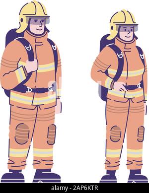 Feuerwehrmänner paar Flachbild vektor Zeichen. Professionelle Feuerwehrmann und firewoman in Schützende Uniform Cartoon Illustration mit skizzieren. Feuer - Abteilung Stock Vektor