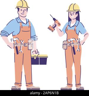 Die zimmerleute Flachbild vektor Zeichen. Schlosser, weibliche Bauarbeiter, Handwerker mit Tools Cartoon Illustration auf weißen isoliert. Home maintenanc Stock Vektor