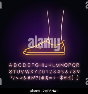 Trainer Neonlicht Symbol. Frauen und Männer stilvolle Schuhe Design. Casual Unisex Sneakers, moderne und komfortable Tennisschuhe. Leuchtende Zeichen mit Alphabet, Stock Vektor