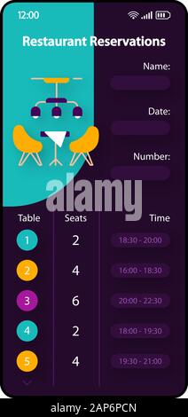Reservierungen im Restaurant smartphone Schnittstelle vektor Vorlage. Mobile App Seite türkis und Lila design Layout. Tisch reservieren. Flachbild-UI für Ap Stock Vektor