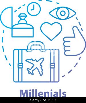 Millennials Konzept Symbol. Altersgruppe Idee dünne Linie Abbildung. Reisen. Leben Ziele und Zwecke, Pläne. Classic Lifestyle. Echo boomers. Vektor i Stock Vektor