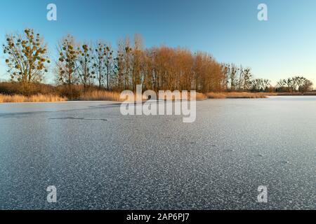 Schnee auf einem gefrorenen See, Bäume ohne Blätter und blauer Himmel Stockfoto