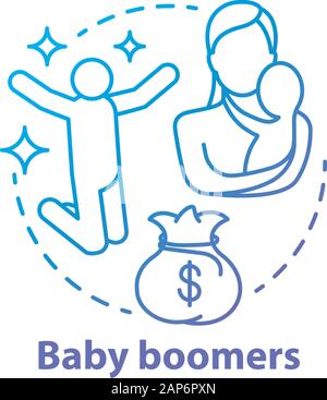 Baby boomers Konzept Symbol. Generation Idee dünne Linie Abbildung. Reife Menschen Lebensstil. Materiellen Wohlstand. Leben Ziele und Zwecke. Die Mutterschaft. Stock Vektor