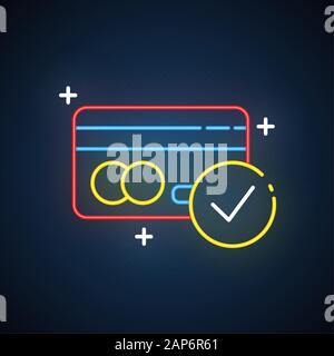 Zahlungen Neonlicht Symbol Akzeptieren. Bargeldlos bezahlen. Kreditkarte. Online Shopping. Elektronische Finanztransaktionen. Leuchtende Zeichen mit Alphabet, Anzahl Stock Vektor