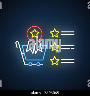 Bestseller Liste Neonlicht Symbol. Sterne store Review. Besten Service. Verkäufe erhöhen Strategie. Online shop Ranking. Leuchtende Zeichen mit Alphabet, nu Stock Vektor
