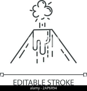 Vulkanausbruch lineare Symbol. Rauch, Asche und Lava Emission von Vulkan. Seismische Gefährdung. Geologische Katastrophe. Dünne Linie Abbildung. Kontur Symbol. Stock Vektor