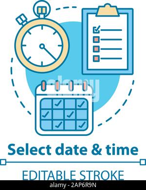 Wählen Sie Datum und Zeit Konzept Symbol. Wählen Sie Tag thin line Abbildung. ? Eservation, buchen. Zeitmanagement und Zeitplanung. Kalender und Stoppuhr. Ve Stock Vektor