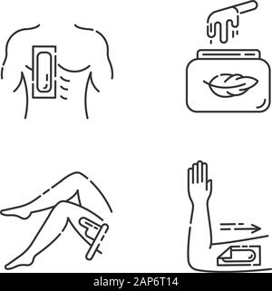 Weiches Wachs lineare Symbole gesetzt. Brust-, Bein-, Arm Haarentfernung mit Streifen. Kaltes Wachs in jar. Weibliche, männliche Körper Enthaarung. Thin Line Kontur Symbole. Isol Stock Vektor