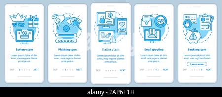 Scam Arten Onboarding mobile App Seite Bildschirm mit linearen Konzepten. Fünf exemplarische Vorgehensweise Schritte grafische Anweisungen. Lotterie, dating scam. E-Mail-Spoofing. Stock Vektor