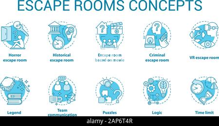 Escape Raumkonzept Symbole gesetzt. Suche Typen Idee dünne Linie Abbildung. Strategie Spiel Sammlung. Puzzles und Rätsel lösen. Vektor isoliert ou Stock Vektor