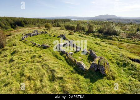 Deerpark Court Tomb neolithische Grabstätte alias Magherahanrush. N. E. von Colgagh Lough, Sligo, Irland. Grabkammern entweder am Ende des zentralen ovalen Gerichts Stockfoto