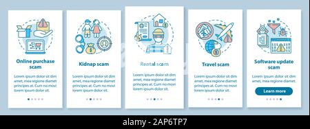 Scam Arten Onboarding mobile App Seite Bildschirm mit linearen Konzepten. Fünf exemplarische Vorgehensweise Schritte grafische Anweisungen. Online Kauf und Miete betrug. UX, Stock Vektor