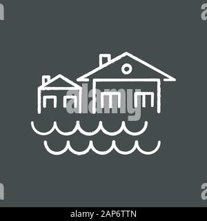 Flut chalk Symbol. Sinkende Siedlung. Häuser unter Wasser. Überschwemmung Lokalität. Überlauf von Wasser. River, den Anstieg des Meeresspiegels. Naturkatastrophe. Isolierte vecto Stock Vektor