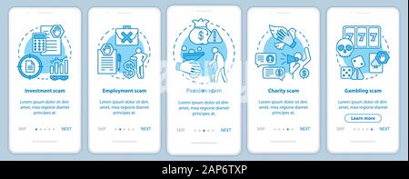 Scam Arten Onboarding mobile App Seite Bildschirm mit linearen Konzepten. Fünf exemplarische Vorgehensweise Schritte grafische Anweisungen. Investment- und Pensionsfonds betrug. UX, Benutzeroberfläche Stock Vektor
