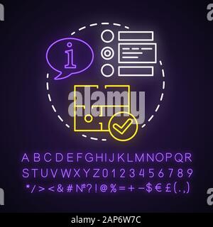 Escape Zimmer Neon Licht Konzept Symbol wählen. Quest Typ Idee auswählen. Wahl der Strategie Spiel. Vergleich von Informationen. Leuchtende Zeichen mit Alphabet, Anzahl Stock Vektor